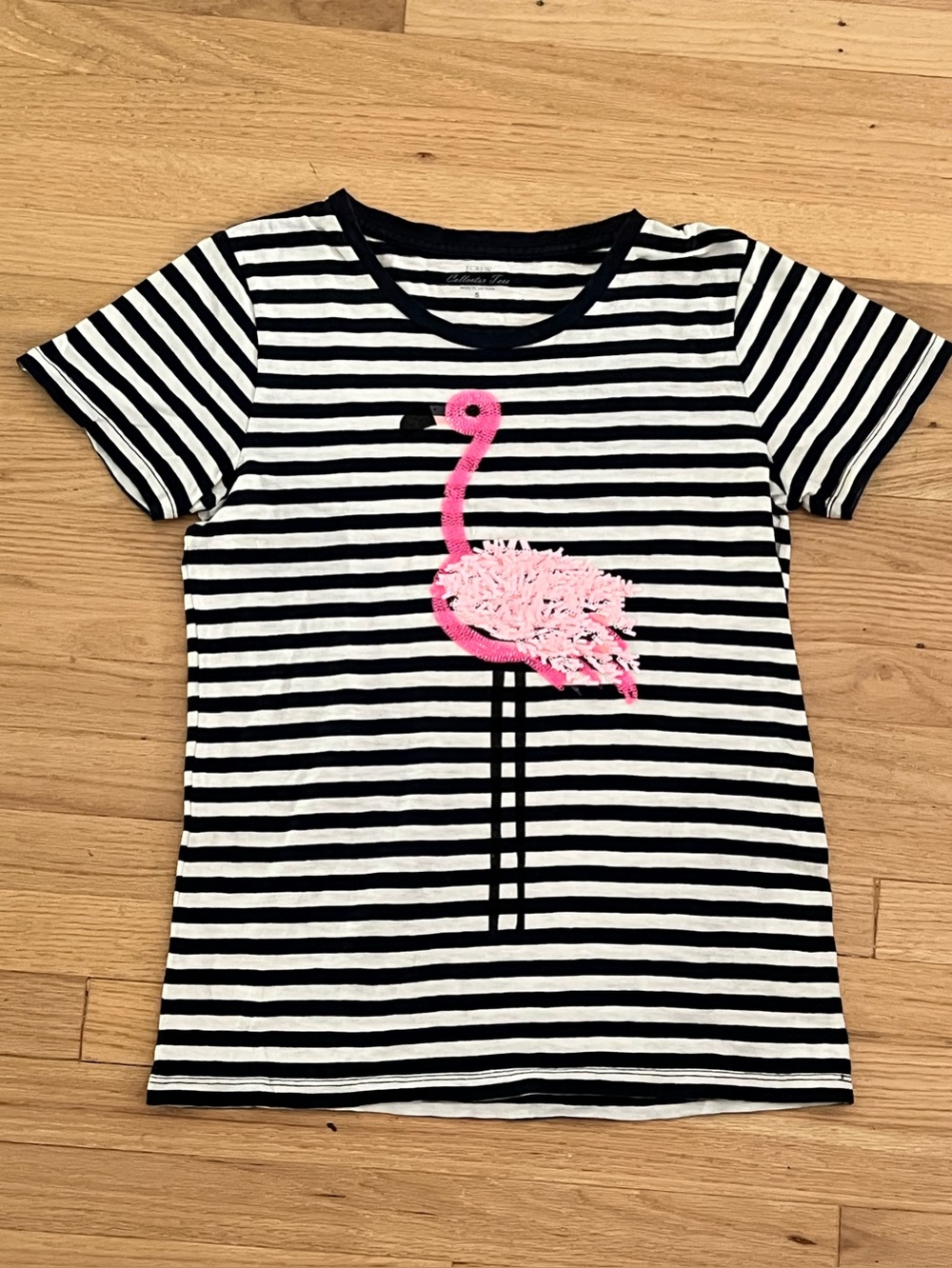 NWOT J. Crew textured sequin Flamingo striped navy/white cotton tee sz S